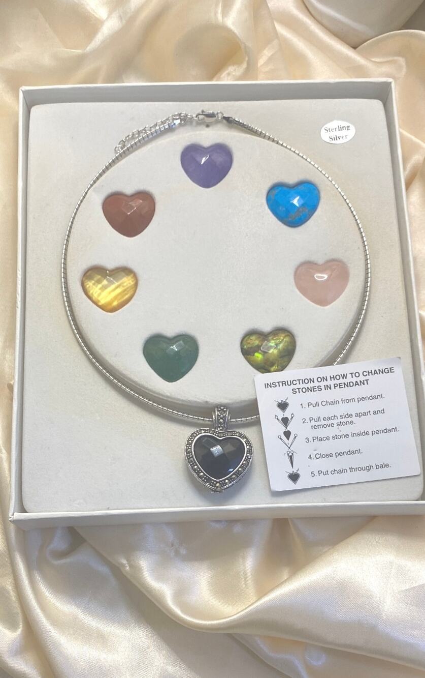Vintage S925 Jade Marcasite Turquoise Amethyst Heart Interchangeable Necklace